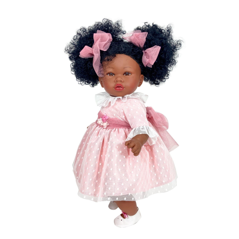 Jucării și Jocuri pentru copii - Papusa Nines D'Onil, Addis Afro, cu rochie roz plumeti, cu miros de vanilie, 45 cm, copii varsta 3 ani+,6 ani+,8 ani+