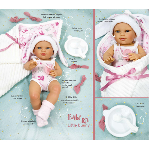 Papusa Nines D'Onil, Little Bunny, bebelus RN, cu hainute roz, cu paturica, cu miros de vanilie, 37 cm, copii varsta 3 ani+,6 ani+,8 ani+ [1]