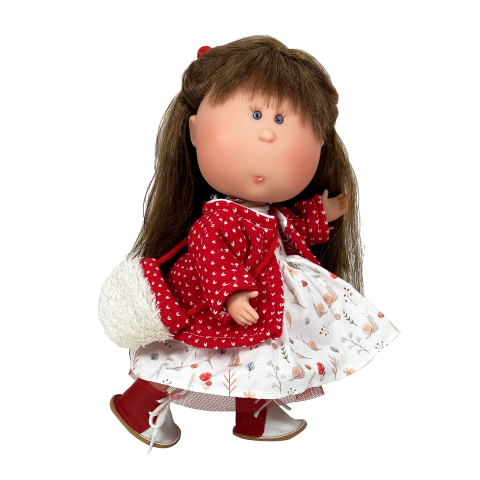 Papusa Nines D'Onil, Mia, cu parul saten si palton rosu, cu articulatii, cu miros de vanilie, 30 cm, copii varsta 3 ani+,6 ani+,8 ani+ [1]
