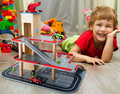 Parcare Supraetajata Lemn 3 Etaje cu Lift, Masinute si Elicopter | Garaj Lemn Copii [1]