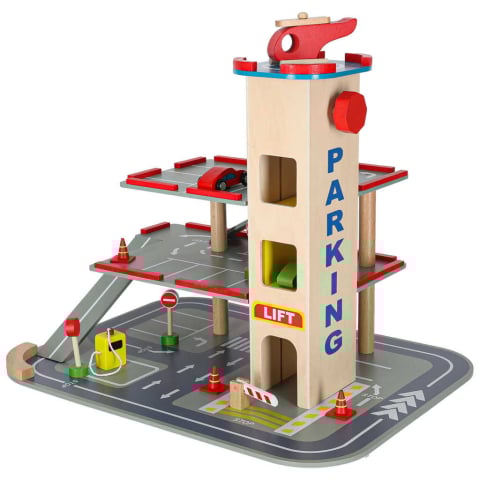 Mașini, trenulețe, vehicule - Parcare Supraetajata Lemn 3 Etaje cu Lift, Masinute si Elicopter | Garaj Lemn Copii