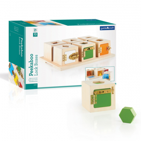 Jucării Montessori si Activități - Peekaboo Lock Boxes, cutiute cu incuietori, Guidecraft, 2-5 ani