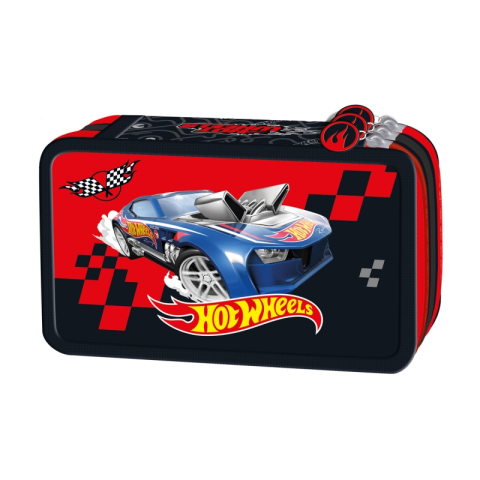 Penare fete, baieti, echipate si neechipate - Penar echipat St.Majewski Hot Wheels, 3 fermoare, rosu cu negru, 651472