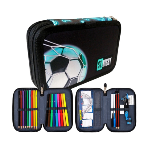 Penare fete, baieti, echipate si neechipate - Penar echipat St.Majewski St.Right Neon Football, 2 fermoare, negru cu bleu, 27 piese