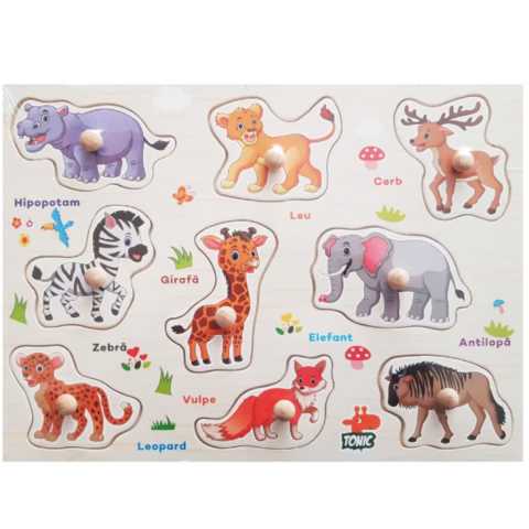 Puzzle incastru din lemn, animale salbatice, 9 piese, in limba romana, [1]