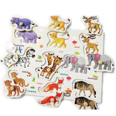 Jucării și Jocuri pentru copii - Puzzle incastru din lemn, animale salbatice, 9 piese, in limba romana,