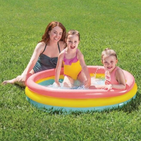 Piscina Gonflabila pentru Copii, cu 3 Inele si Podea Moale, Capacitate 131 Litri, Rainbow [1]
