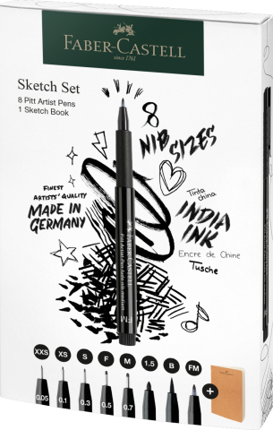 Rechizite Școlare - Pitt artist pen set sketching 8 bucati + sketchbook faber-castell