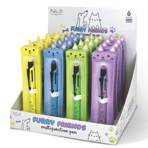 Pixuri pentru Copii si Scoala - Pix 3 culori in 1, Furry Friends, cu varf touch, 4 modele (16 buc/display)