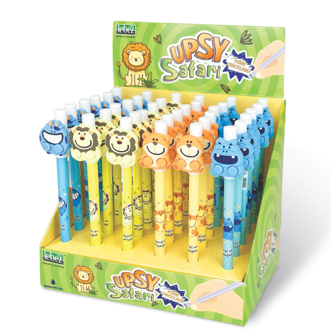 Rechizite Școlare - Pix care se sterge cu capac, Upsy Safari, 4 modele (36 buc/display), copii varsta 3 ani+,6 ani+,8 ani+