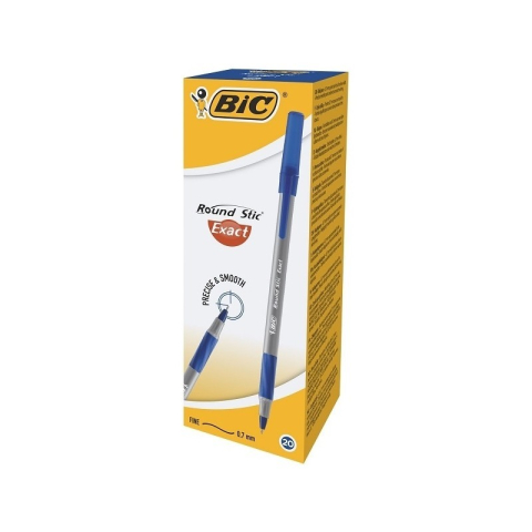 Pix cu bila Bic Roundstic Exact Fine, 0.7mm, cu capac, corp gri, grip cauciucat, scris albastru [2]