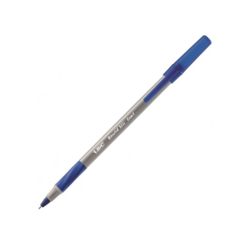 Birotică și Papetărie - Pix cu bila Bic Roundstic Exact Fine, 0.7mm, cu capac, corp gri, grip cauciucat, scris albastru