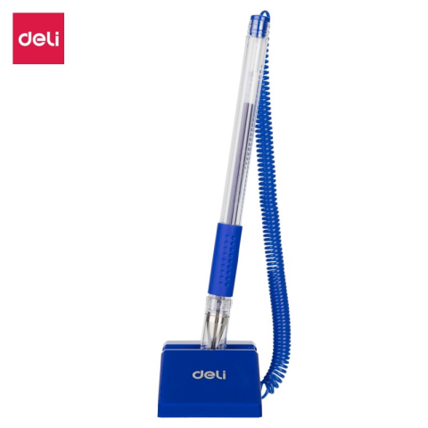 Birotică și Papetărie - Pix cu bila Deli 6791, 0.5mm, cu suport birou, corp transparent, grip cauciucat, scris albastru