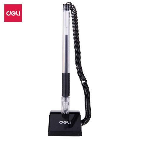 Birotică și Papetărie - Pix cu bila Deli 6791, 0.5mm, cu suport birou, corp transparent, grip cauciucat, scris negru