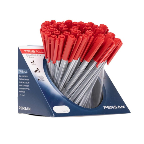 Birotică și Papetărie - Pix cu bila Pensan Triball, 1.0mm, triunghilar, cu capac, scris rosu