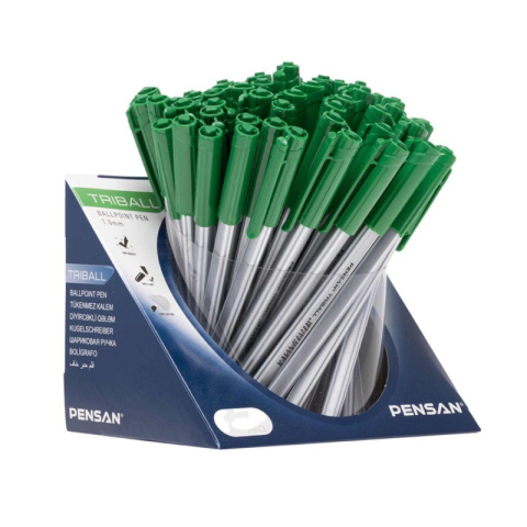 Birotică și Papetărie - Pix cu bila Pensan Triball, 1.0mm, triunghilar, cu capac, scris verde