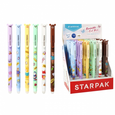 Pix cu gel cu stergere Starpak, 0.5mm, cu mecanism, cu guma de sters, diverse culori, model Teddy Bear, scris albastru [1]