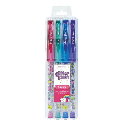 Rechizite Școlare - Pixuri cu sclipici parfumat, cu manere moi, Girly, 4 culori (blister), copii varsta 3 ani+,6 ani+,8 ani+