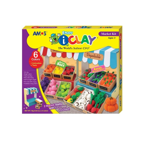 Plastilină, Pastă modelaj, Lut - Plastilina Amos iClay IC18P6-MK, 6x18g, alb, verde, rosu, portocaliu, violet, cu accesorii Market Kit, set 6 culori