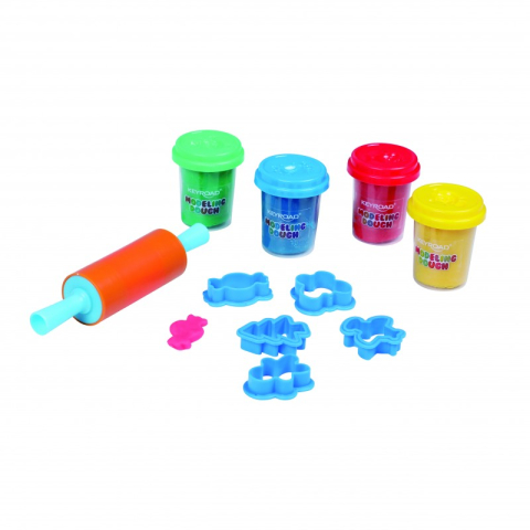 Plastilină, Pastă modelaj, Lut - Plastilina Keyroad Dough KR972268, 4x65g, 5 sabloane, 1 sucitor, set 4 culori