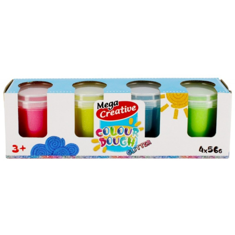 Plastilină, Pastă modelaj, Lut - Plastilina Mega Creative Colour Dough Glitter 471258, 4x56g, roz, bleu, galben, verde, +3 ani, set 4 culori