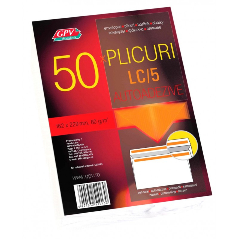 Birotică și Papetărie - Plic standard C5L GPV 151013, alb, 80g/mp, 162x229mm, autoadeziv, set 50 buc