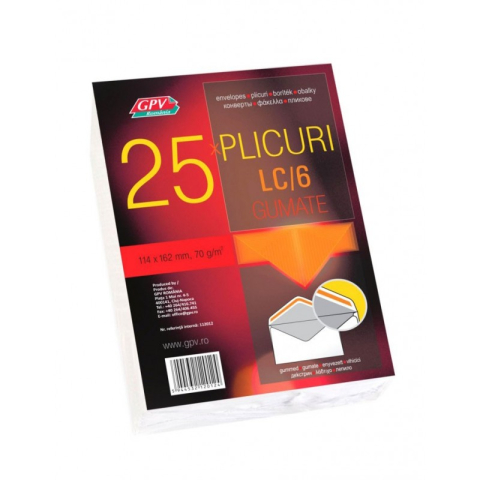 Birotică și Papetărie - Plic standard C6L GPV 122012, alb, 70g/mp, 114x162mm, gumat, cu clapa V, set 25 buc
