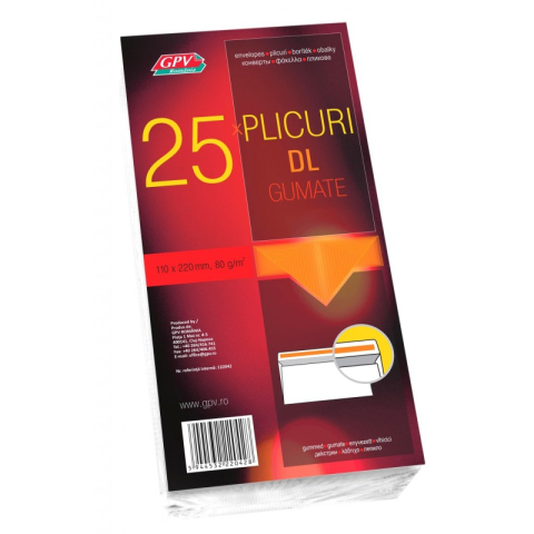 Birotică și Papetărie - Plic standard DL GPV 132042, alb, 80g/mp, 110x220mm, gumat, set 25 buc