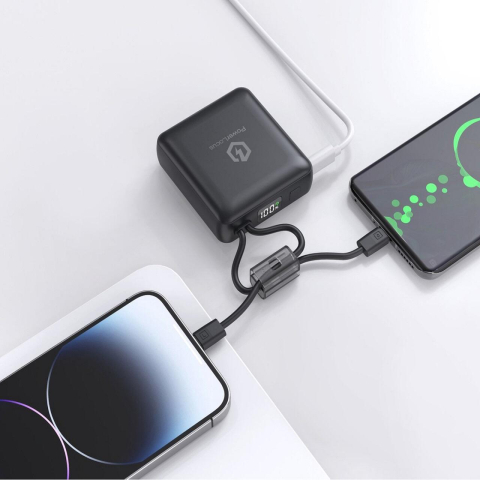 Laptop, Tablete & Telefoane - PowerLocus Acumulator extern 10000mAh, 20W PD Fast Charging, cabluri incorporate Type-C si Lightning, Black