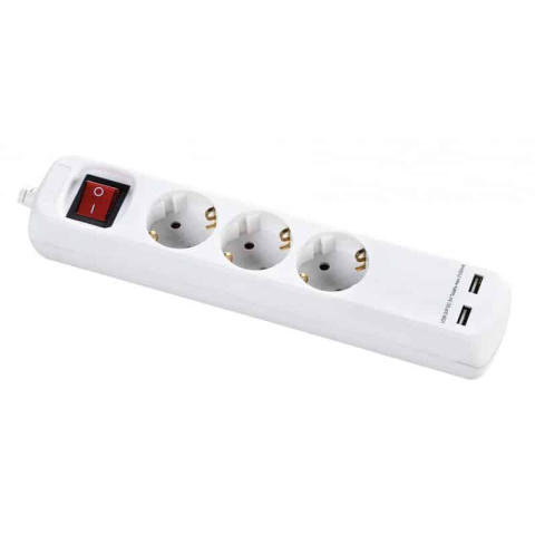 Casă, gradină și bricolaj - Prelungitor cu 3 prize cee7/3 cu protectie copii, cu intrerupator,cu 2xusb cablu: h05vv-f 3g1,5mm, alb lungime:3m ambalat in punga cu header