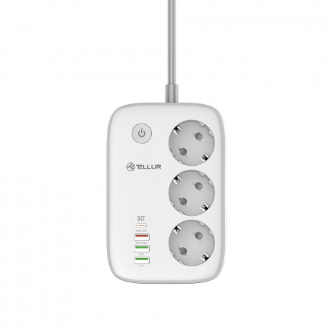 Prelungitor WiFi Tellur Smart, 3 porturi, PD30W, QC18W, 2xUSB 2.4A, 2500W, 10A, 2m [1]