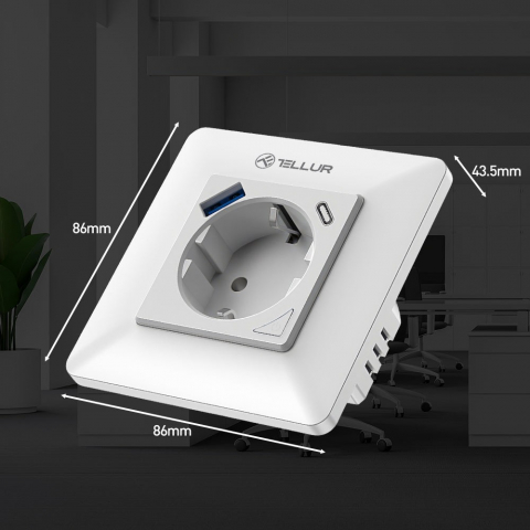 Priză de perete WiFi Tellur Smart, 3600W, 16A, PD20W, USB 18W, monitorizare consum, alb [10]