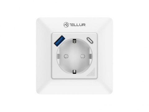 Periferice IT - Priză de perete WiFi Tellur Smart, 3600W, 16A, PD20W, USB 18W, monitorizare consum, alb