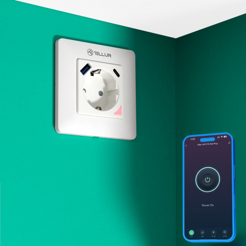 Priză de perete WiFi Tellur Smart, 3600W, 16A, PD20W, USB 18W, monitorizare consum, alb [6]
