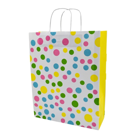 Birotică și Papetărie - Punga cadou Colorarte 29897, A3, 32x41x12cm, 100g/mp, albe cu buline, manere din hartie rasucita