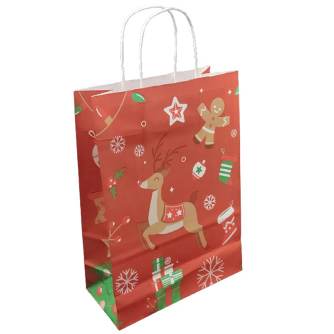 Punga cadou Craciun Colorarte 24401, A3, 32x41x12cm, 100g/mp, rosie, manere din hartie rasucita, motive de Craciun [2]