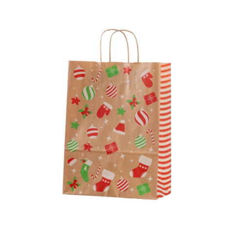 Birotică și Papetărie - Punga cadou Craciun Colorarte 27671, B4, 26x35x12cm, 90g/mp, kraft, manere din hartie rasucita, motive Craciun globulete