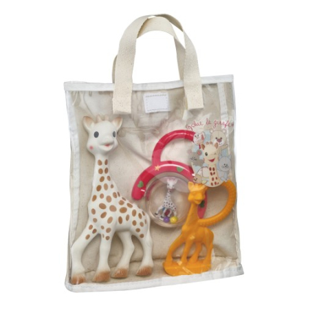 Îmbrăcăminte și accesorii - Punga cadou din bumbac cu girafa sophie,  zornaitoare si inel dentitie
