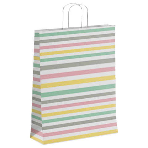 Birotică și Papetărie - Punga hartie maner rasucit 18+8*22cm alb striatii pastel papiroti