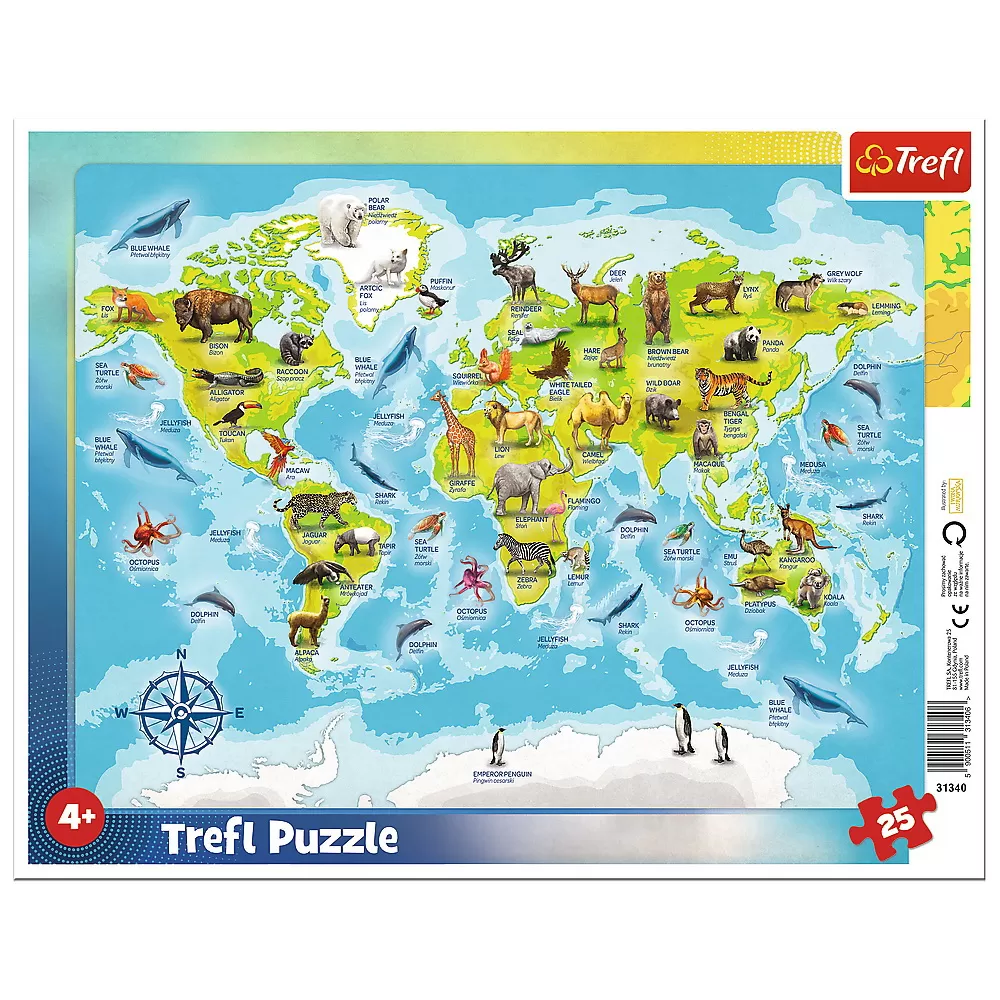 Jucării și Jocuri pentru copii - Puzzle 25 plansa harta lumii cu animale, copii varsta 4 ani pana la 7 ani