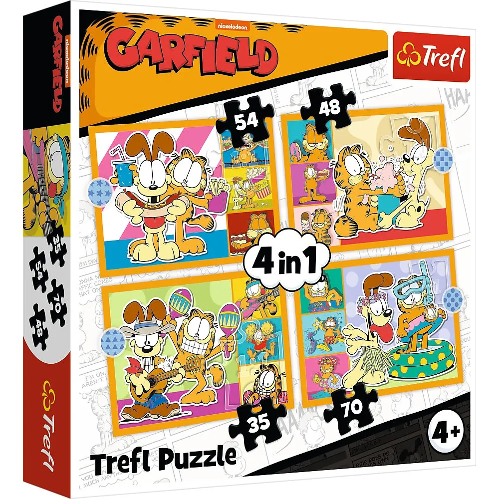 Jucării și Jocuri pentru copii - Puzzle 4in1 lui garfield ii place lasagna, copii varsta 4 ani pana la 8 ani