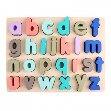 Jucării și Jocuri pentru copii - Joc puzzle incastru, litere de lemn, culori pastel.