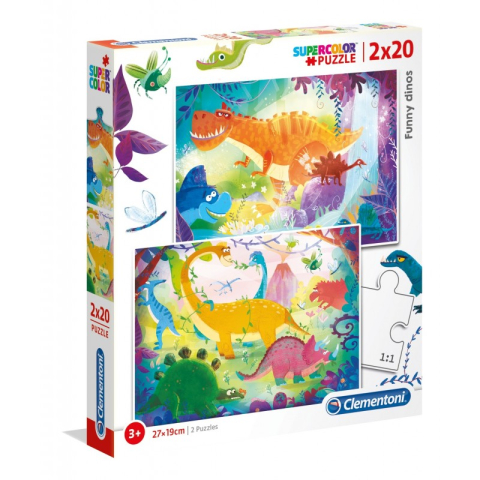 Birotică și Papetărie - Puzzle carton 2in1 20 piese Clementoni Supercolor - funny dinos, set 2x, 24755 / 434773, 3+ ani