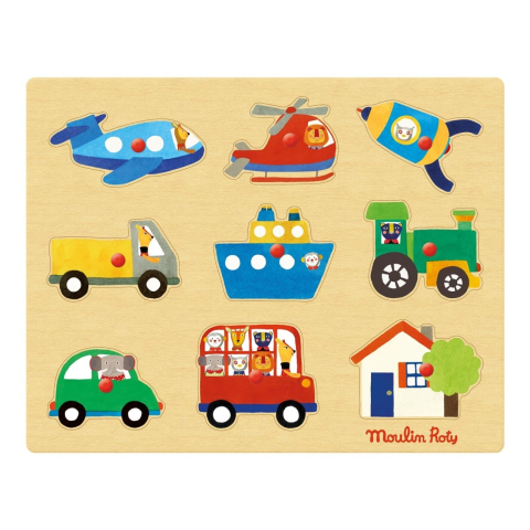 Jucării și Jocuri pentru copii - Puzzle cu buton Vehicule, Moulin Roty Baiat, varsta 1 - 3 ani, 3 - 6 ani