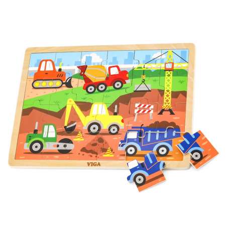 Puzzle sub 100 piese - Puzzle din lemn 24 buc., utilaje de constructii, 2-5 ani