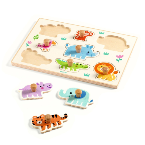 Puzzle din lemn cu animale salbatice, Djeco Baiat, Fata, varsta 1 - 3 ani [1]