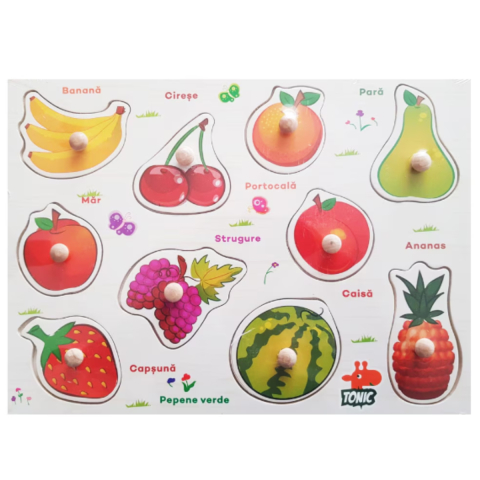 Jucării și Jocuri pentru copii - Puzzle incastru din lemn cu butoane, fructe, 10 piese
