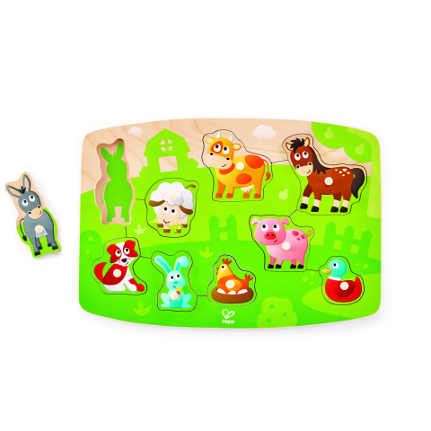 Jucării și Jocuri pentru copii - Puzzle din lemn cu butoni - Animale de la ferma, copii varsta 2 ani+