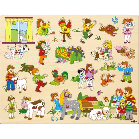 Puzzle din lemn cu butoni - Copii si animale (21 piese), copii varsta 2 ani+ [1]
