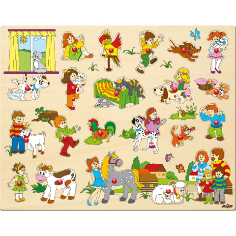Jucării și Jocuri pentru copii - Puzzle din lemn cu butoni - Copii si animale (21 piese), copii varsta 2 ani+